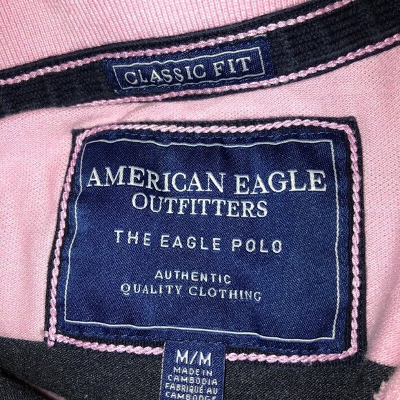 American Eagle Mens Medium Pink Striped Classic Fit Short Sleeve Polo Shirt Sz M - Picture 7 of 8